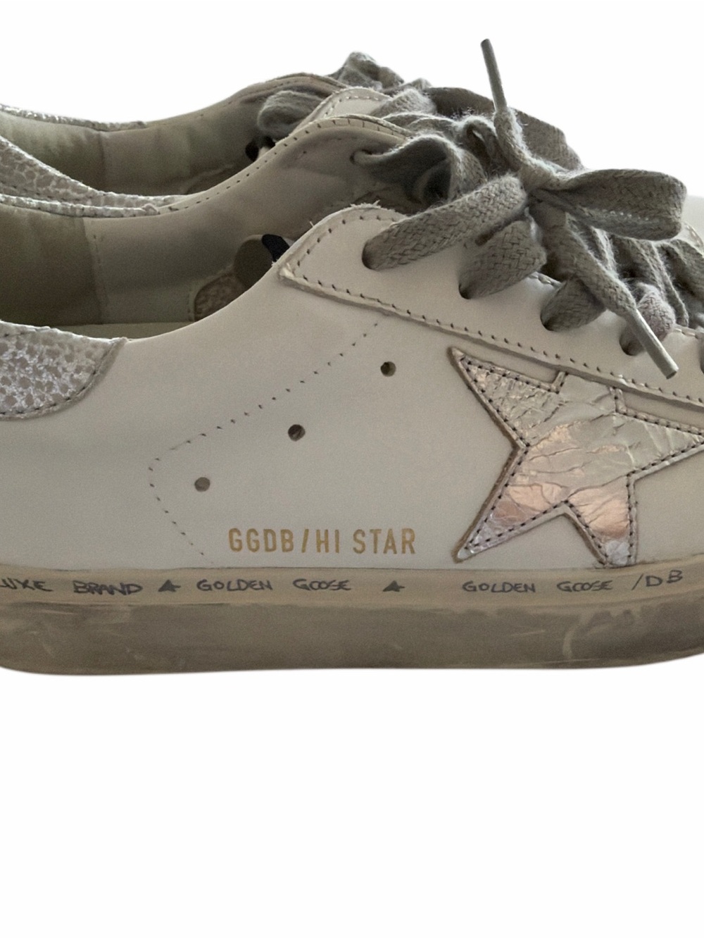 Golden Goose Hi Star Leather Platform Sneakers Silver Cracked Silver Star